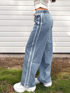 Light Blue Wide-Leg Denim Jeans with Side Stripe Patchwork Design Drawstring Elastic Waist Comfortable Loose Drapey Casual All-Match Trousers - Light Blue