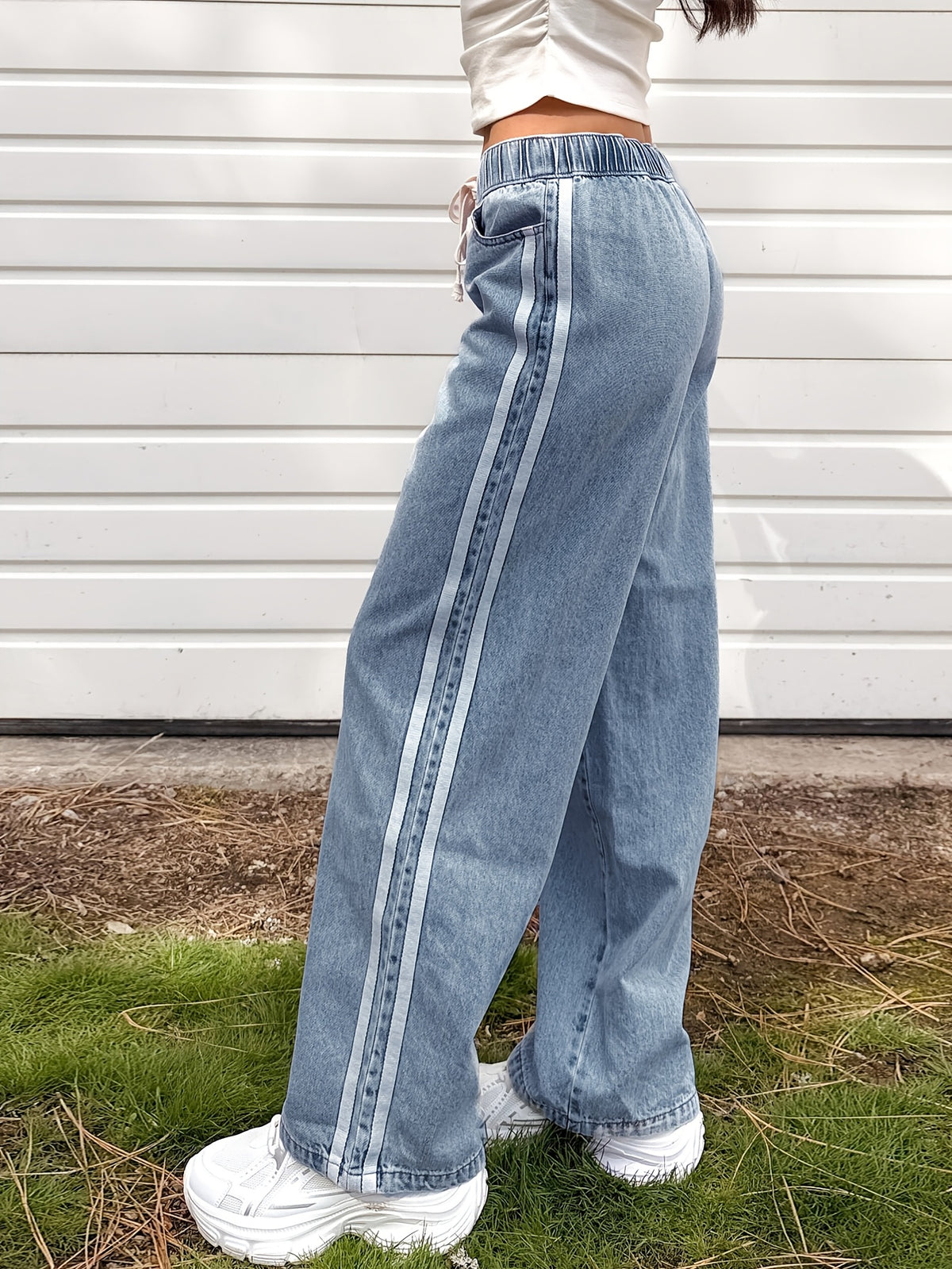 Light Blue Wide-Leg Denim Jeans with Side Stripe Patchwork Design Drawstring Elastic Waist Comfortable Loose Drapey Casual All-Match Trousers - Light Blue