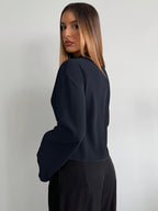 Women's Flared Sleeve Blouse, Suitable for Daily Business Commutes and Office Wear, Solid Color Shirt with Metal Buttons, Basic Top, Vintage Style, Elegant Women's Blouse - Navy Color