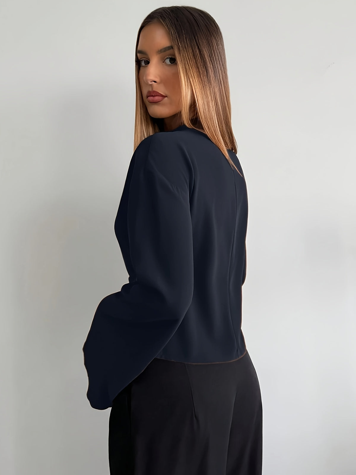 Women's Flared Sleeve Blouse, Suitable for Daily Business Commutes and Office Wear, Solid Color Shirt with Metal Buttons, Basic Top, Vintage Style, Elegant Women's Blouse - Navy Color