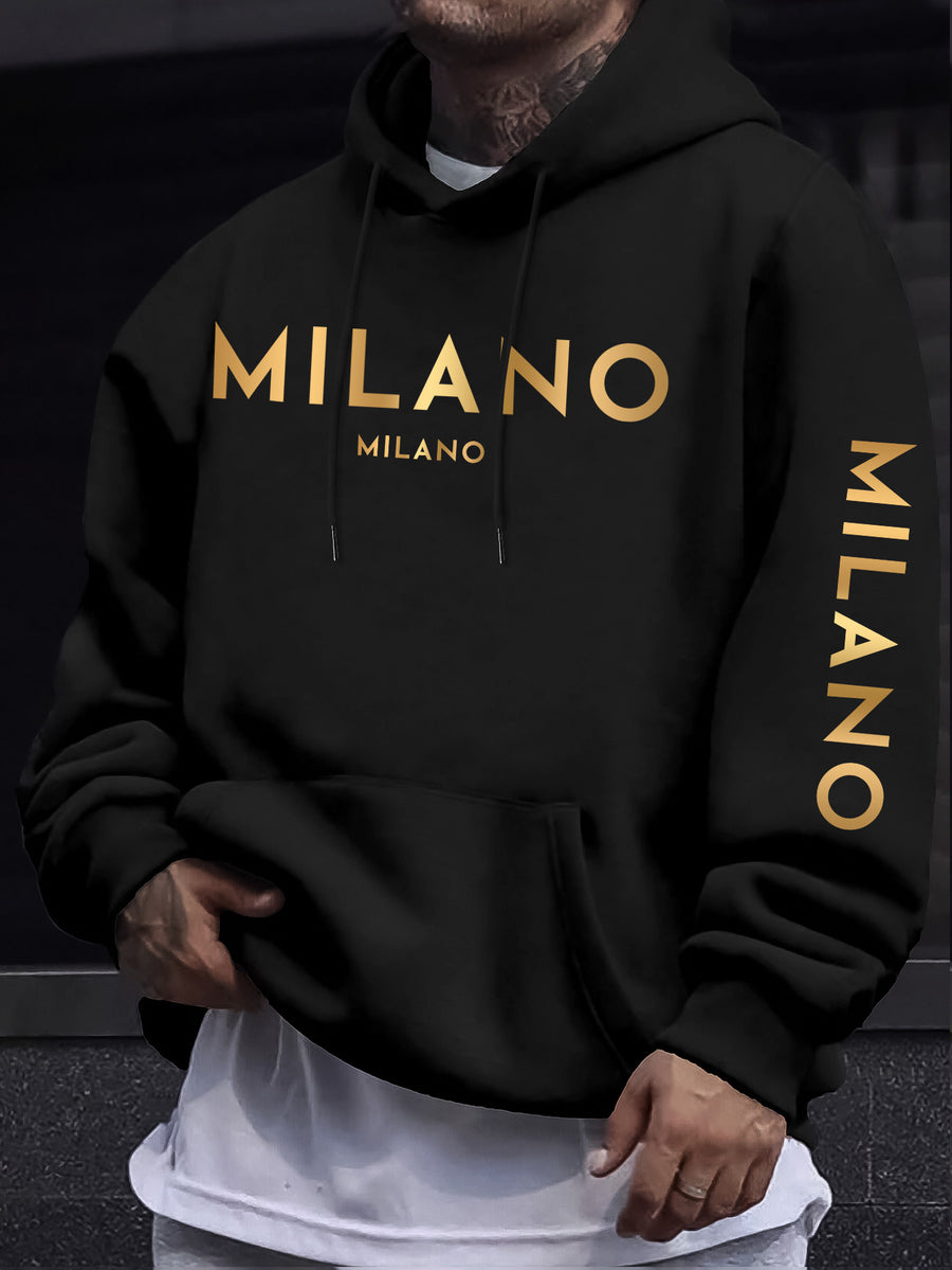 Fashion Casual Style Easy Gradient Letter Pattern Men'S Hoodie, Men'S Long Sleeve Hooded Sweatshirt - Black