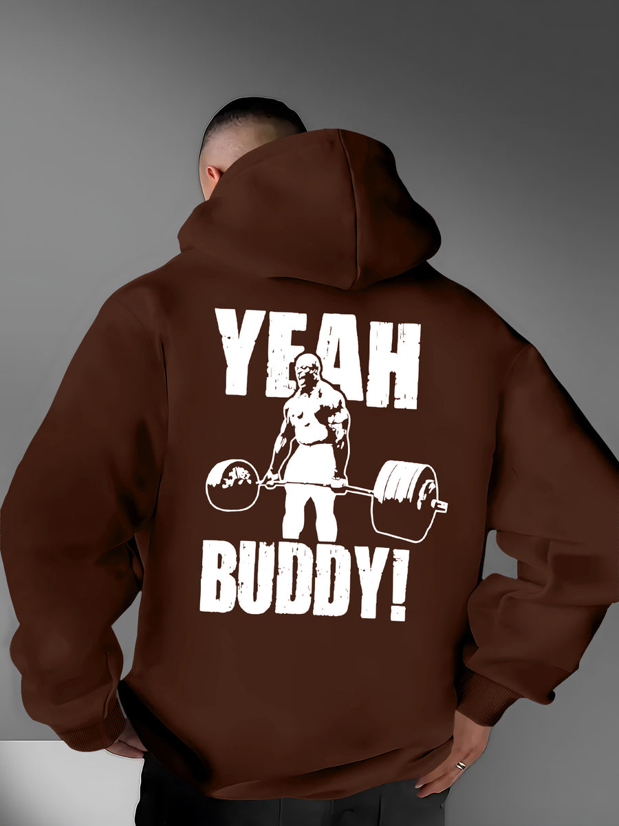 Men's Casual Versatile Hooded Sweatshirt, Fashionable and Trendy Fitness Graphic Print, Outerwear for Outdoor and Home Wear, Men's Casual Pullover Hooded Sweatshirt - Coffee Brown