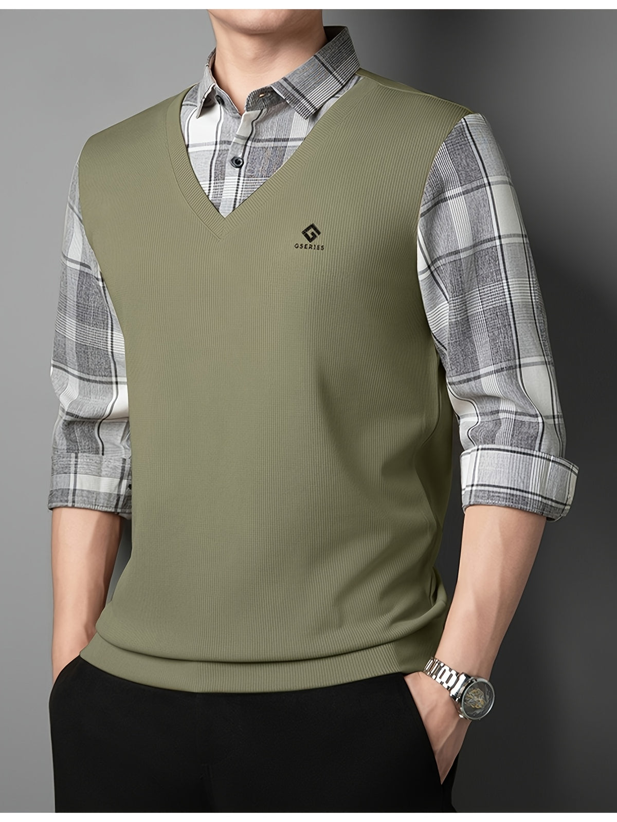 Men's 2-in-1 Look Long Sleeve Golf Polo Shirt, V-Neck Mock Vest Pullover, with Exquisite Logo on the Chest, Gray Plaid Shirt Collar and Cuffs, Breathable and Comfortable Polyester Top, Suitable for Adult Men's Weekend Gatherings, Outdoor Walks - Bean Green