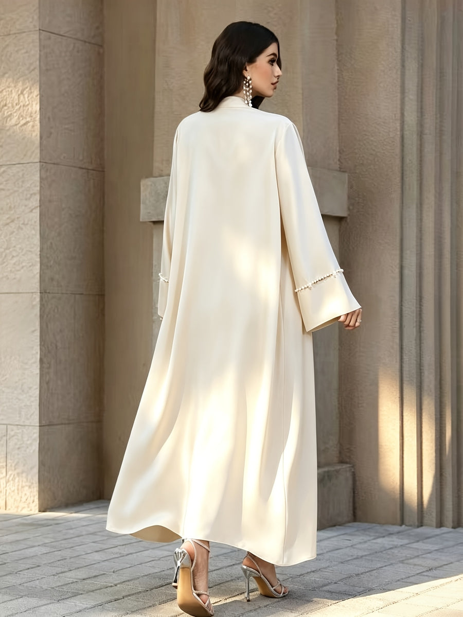 1pc Women Open Front Abaya Cardigan, Elegant Pearl Rhinestone Embellished Long Sleeve Maxi Outerwear, Modest Islamic Dubai Style Abaya Coat for Party Evening - Apricot
