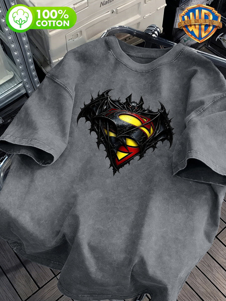 Warner Bros. Official 1pc Men's 100% Cotton Washed "Super Bat Fusion Dark Logo Vintage Washed Black Printed Short Sleeve T-Shirt" Casual Cotton Versatile Loose Summer Round Neck Short Sleeve, Suitable for Outdoor Sports, Daily Wear, Best Choice - Grey