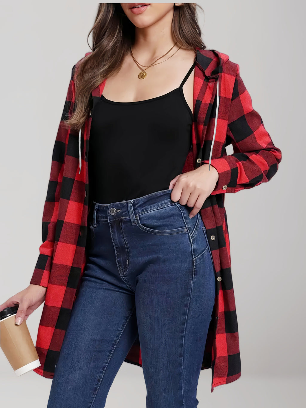 Elegant Women's Long Hooded Plaid Shirt with Hood and Pocket Design, Beautiful Buttons, Breathable Twill Plaid Fabric, Perfect for Spring and Autumn Daily Outings and Outdoor Leisure - Red And Black Grid