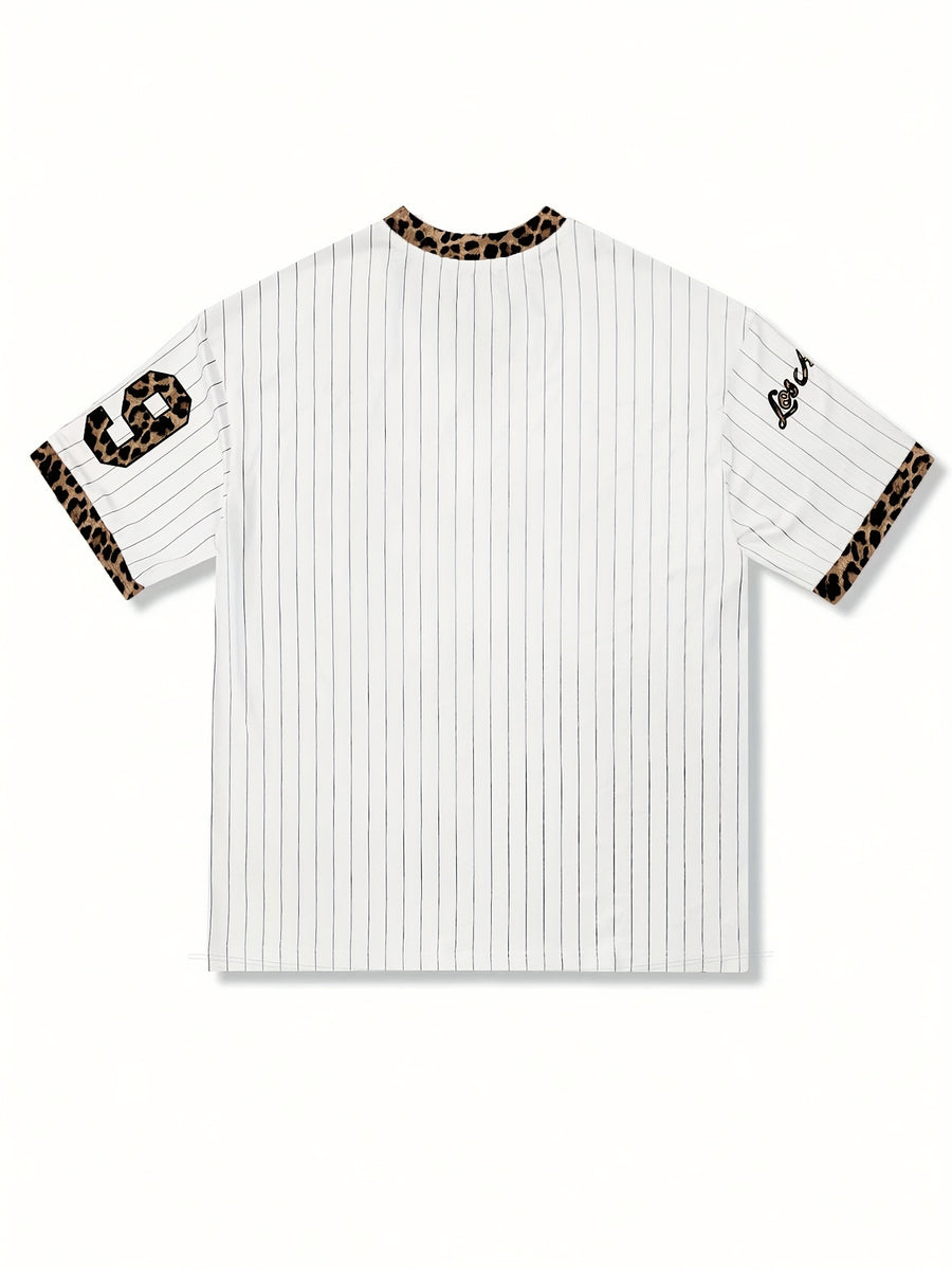 European and American V-neck Trendy Letter Print Sports T-shirt - Leopard Print