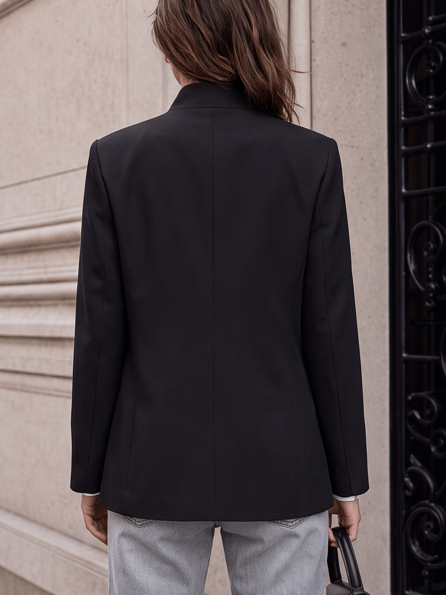 Stand-up Collar with Irregular Slanted Placket, Women's Casual Blazer, Versatile and Elegant Commuter Blazer Top, Dual-wear Suit for Daily and Workplace, Lined, with Pockets - Black