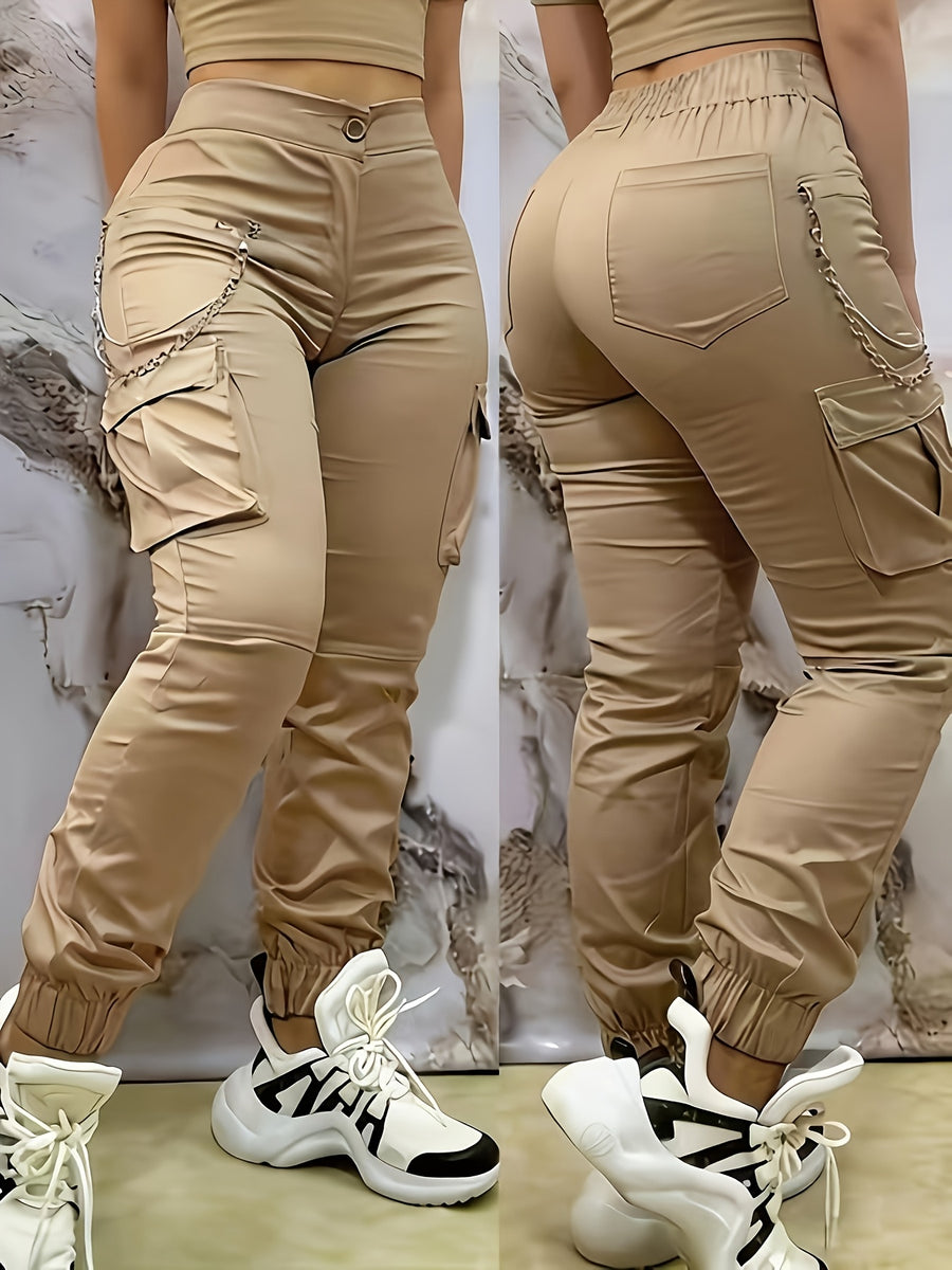 Women's High Waist Overalls-beige Non-stretch Jeans, Zipper Pocket Design, Casual and Formal Wear Dual-use Spring, Summer and Autumn Daily Pants, Durable Fabric Solid Color - Khaki