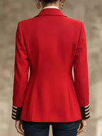 Elegant Women's Red Military-Style Blazer with Golden Embossing and Button Accents, Navy-Style Striped Cuffs, Suitable for Office Professional Attire and Party Dinner Jackets YYTT - Red