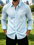 Men'S Summer Tencel Texture Lapel Long Sleeve Shirt, Casual Breathable Loose Vacation Style Button-Up. Tencel Texture with Delicate Pleated Feel, Breathable And Skin-Friendly, Non-Stuffy Fit, Classic Lapel Design, Convertible Sleeve Length - Sky Blue