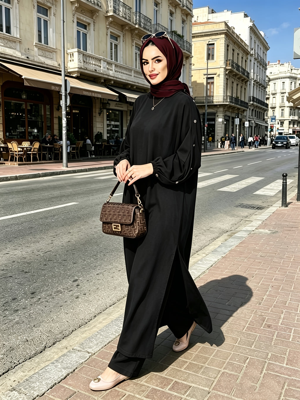 2026 New Loose, Casual And Fashionable, Commuting All-Purpose Long Two-Piece Set with Round Neck And Golden Button Pocket Design - 8075 Black