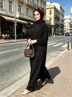 2026 New Loose, Casual And Fashionable, Commuting All-Purpose Long Two-Piece Set with Round Neck And Golden Button Pocket Design - 8075 Black