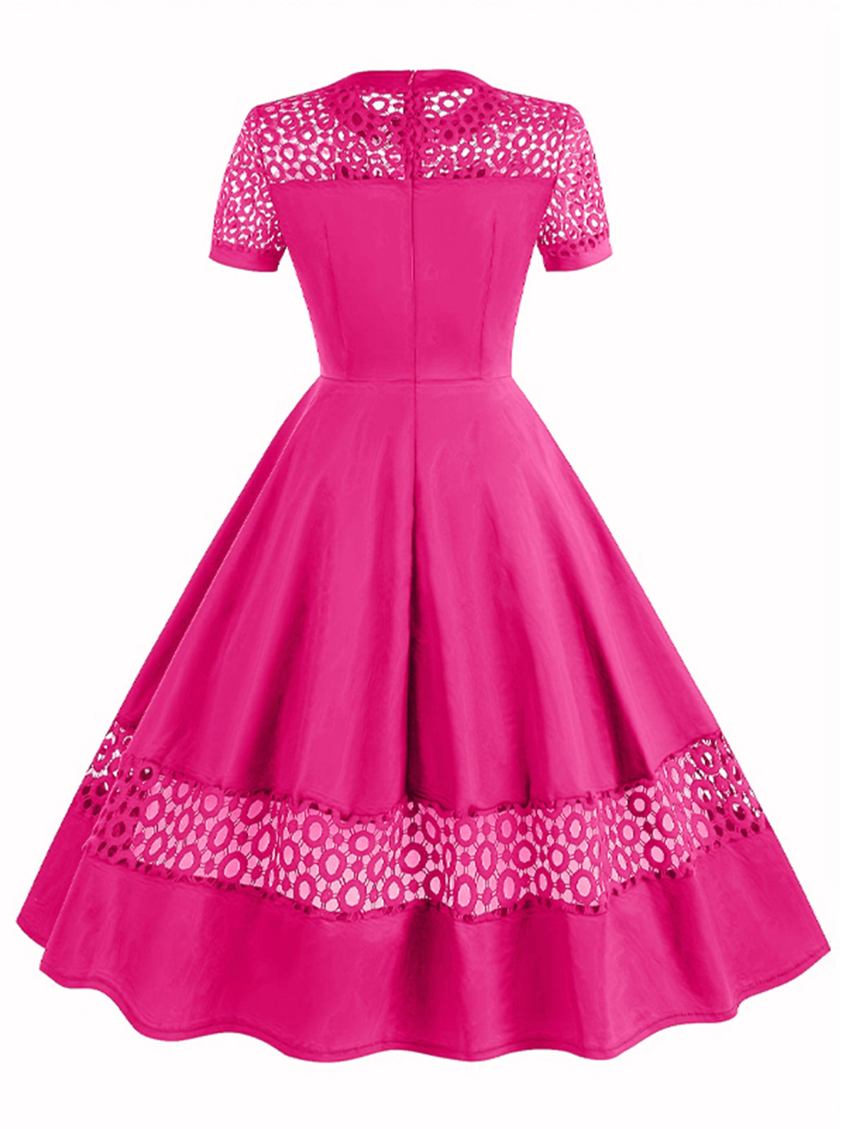 Vintage 50s Women's Dress with Round Neck, Lace Trim, and Short Sleeves - Rose Red