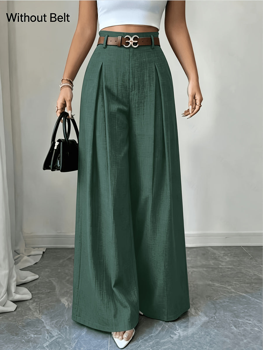 Women's High-Waisted Wide- Trousers - Loose-Fit Solid Color Pants Suitable for Daily Wear & Vacation, Beltless Spring/Summer Style for Office, Casual Outfits - Machine Washable Elegant Trousers - Dark Green