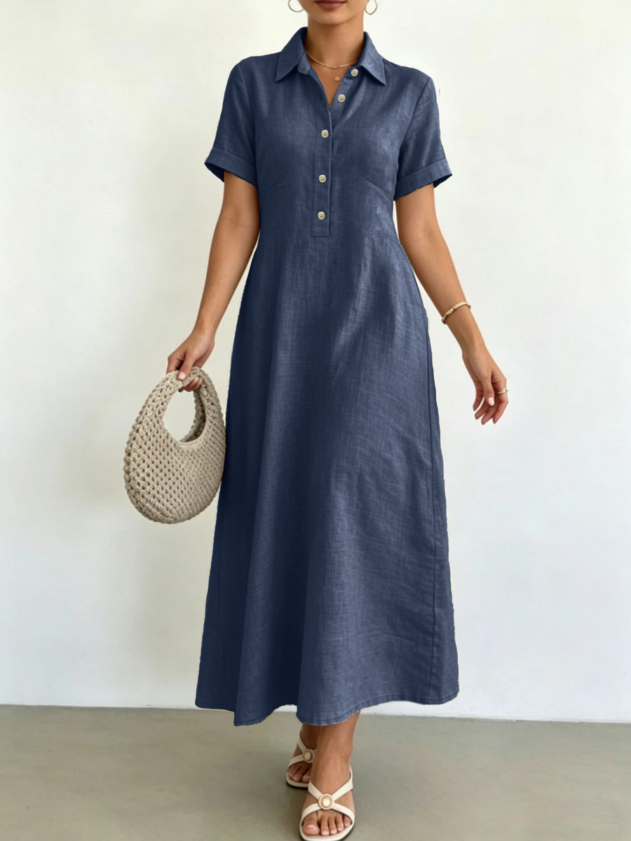 Women's Blended Fabric Shirt Dress with Lapel Collar, Half-Button Short Sleeves, A-Line Midi Length, Summer Casual Light Business Commuter Dress - Navy Color