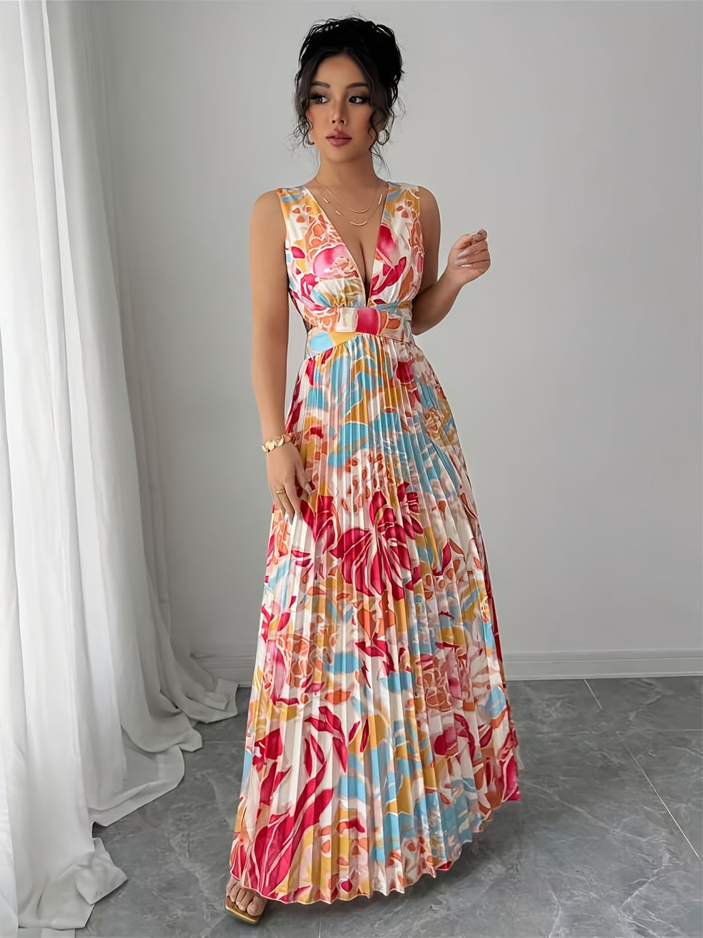 Exquisite Fashionable Party Attire Wedding Guest Graduation Birthday Evening Gown Women'S Elegant Floral Digital Print Pleated Split Design Sexy Deep V-Neck Backless Long-Length Dress Bridesmaid Dress Women'S - Red