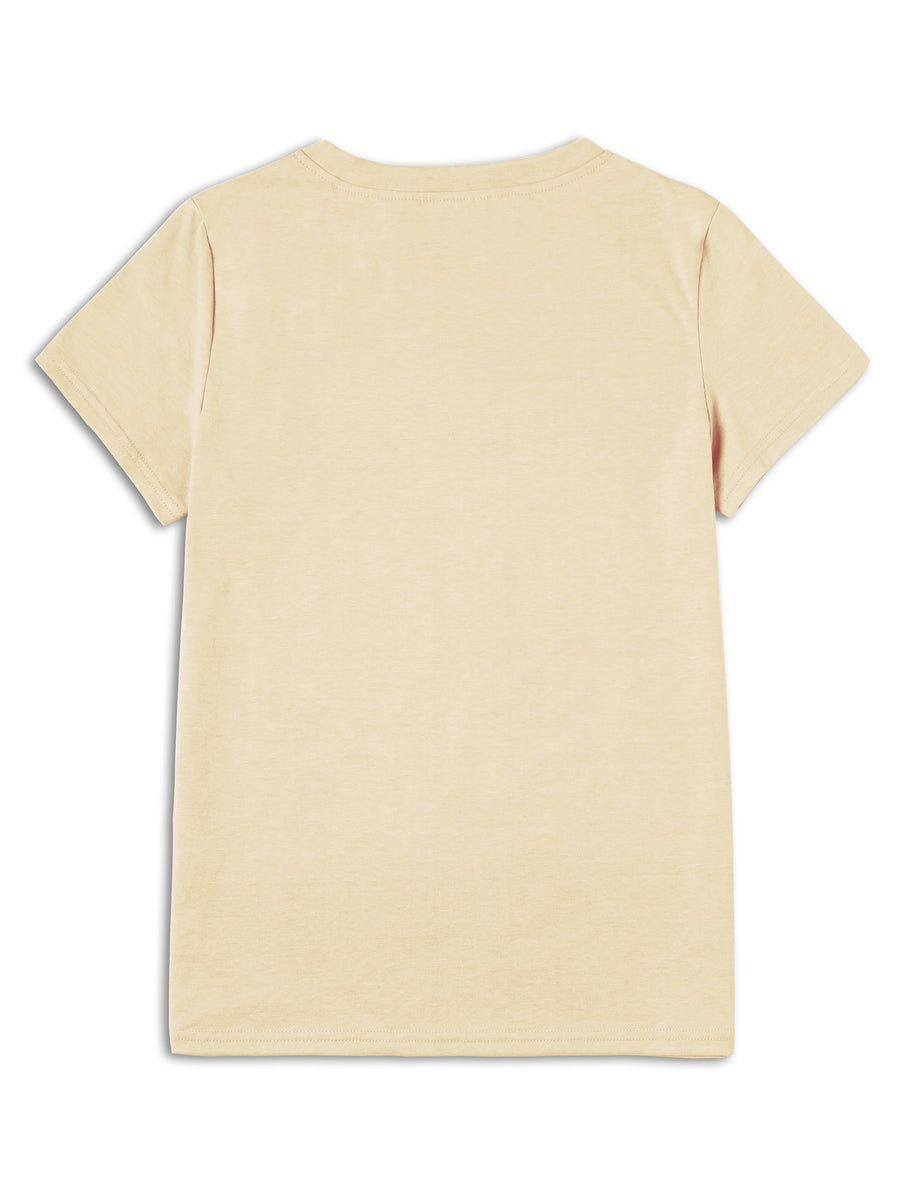 Sunflower Pattern Print - with Bow Design - Casual Round Neck, Short Sleeve, Spring/summer Fashion T-shirt - Apricot