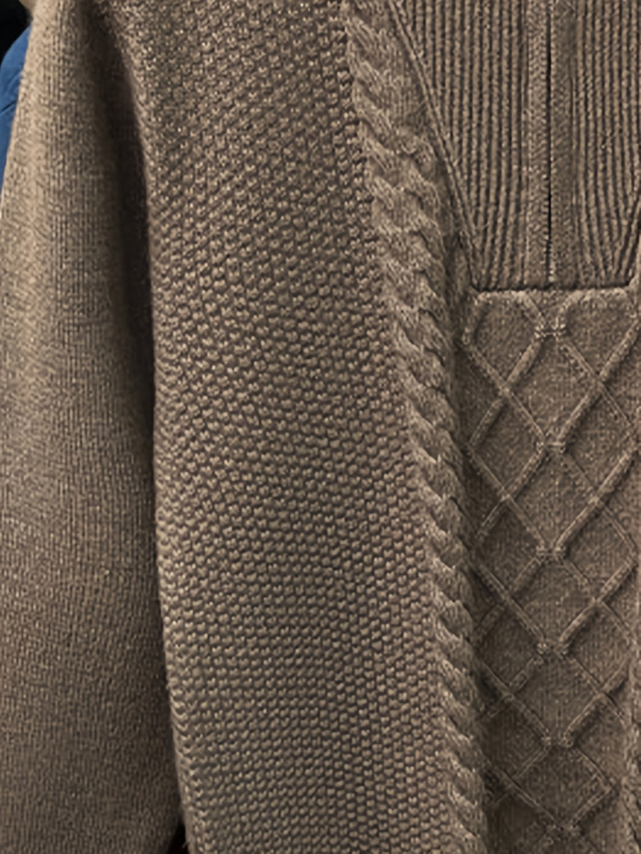 Men'S Thickened Semi-Open Zipper Stand Collar Knit Sweater, Ribbed Cuffs And Hem, Autumn/Winter Style, Single Wear And Layering, Light Mature Business Casual Style - Coffee Color