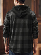Men's Vintage Plaid Jacket, Men's Casual -Lined Shirt Jacket, Single-Breasted with Hood, Long Sleeve Outerwear, Men's Top, New Spring/Autumn Men's Outerwear - Dark Gray
