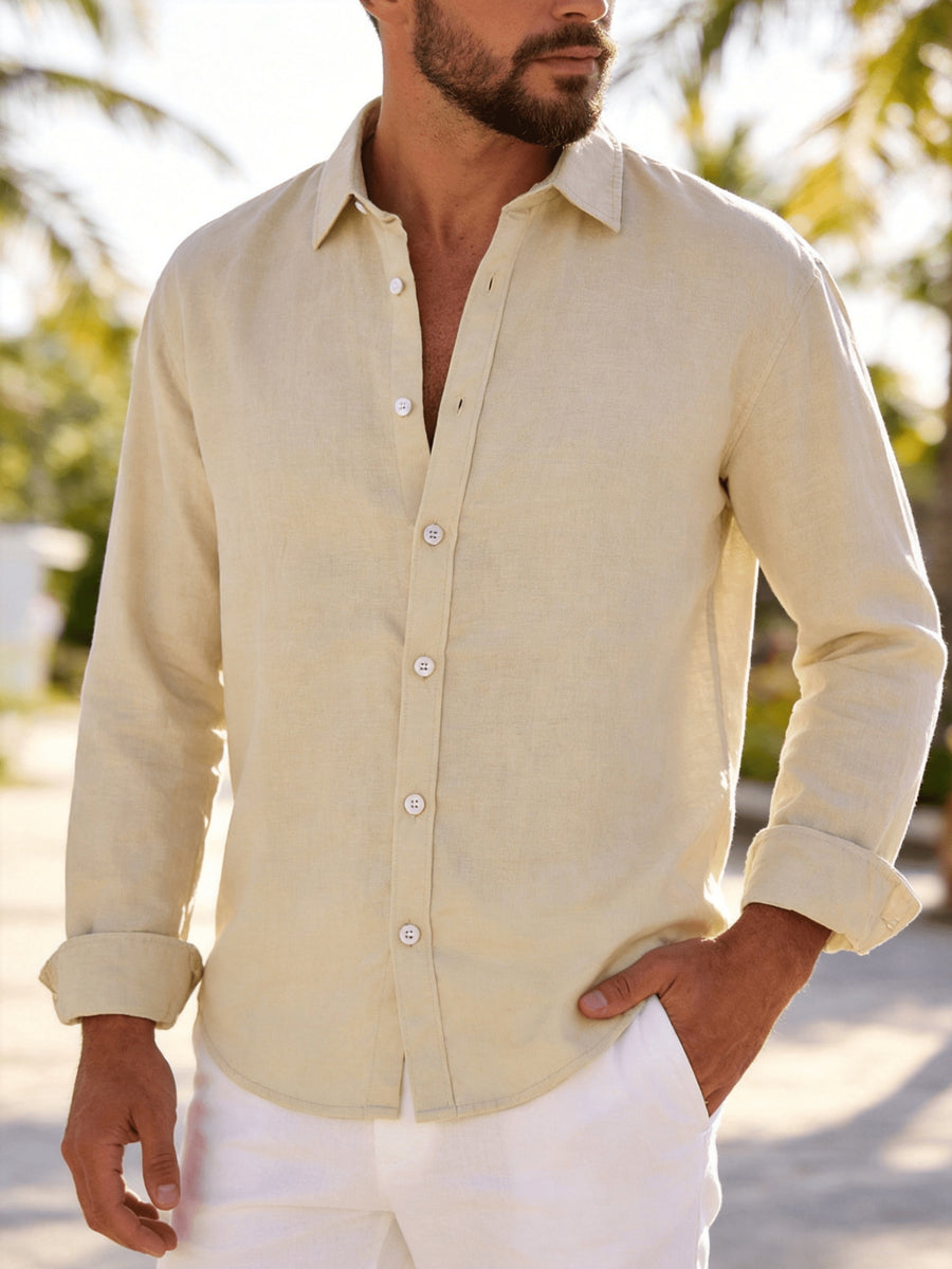 Single Piece Loose and Comfortable Men's Long Sleeved Shirt, with a Simple and Versatile Solid Color Style, Button Opening and Closing Design, Suitable for Casual Daily Wear. - Khaki