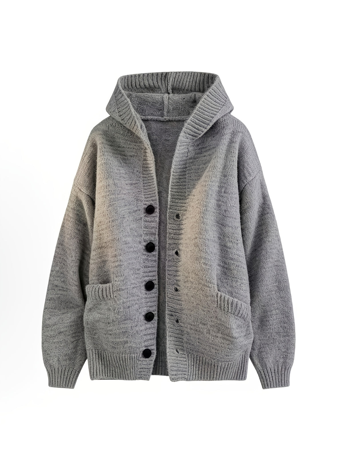 Retro Solid Color Single Button Hooded Cardigan Sweater, Loose Casual Style Versatile Outerwear Knit Top - Light Grey
