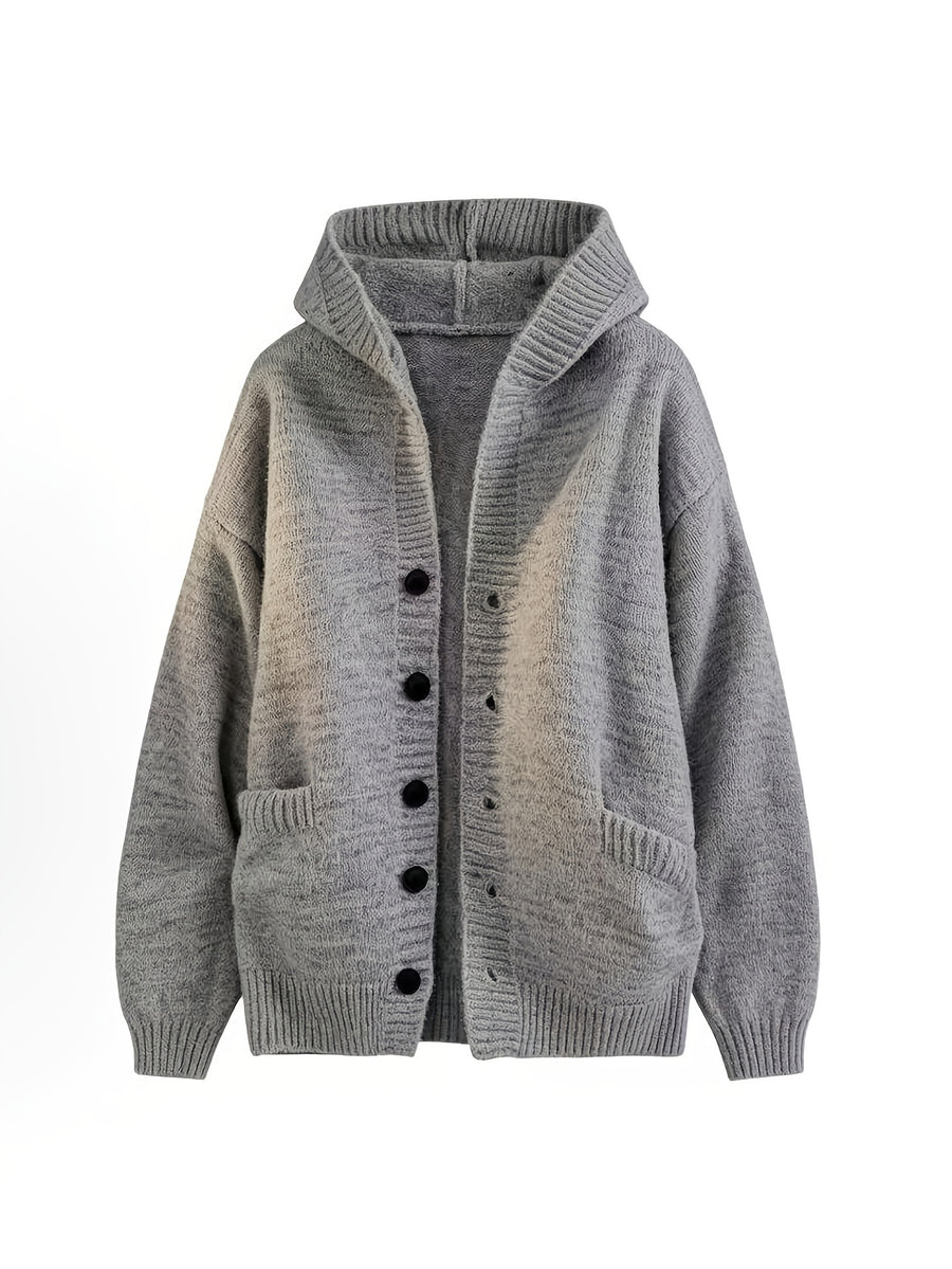 Retro Solid Color Single Button Hooded Cardigan Sweater, Loose Casual Style Versatile Outerwear Knit Top - Light Grey