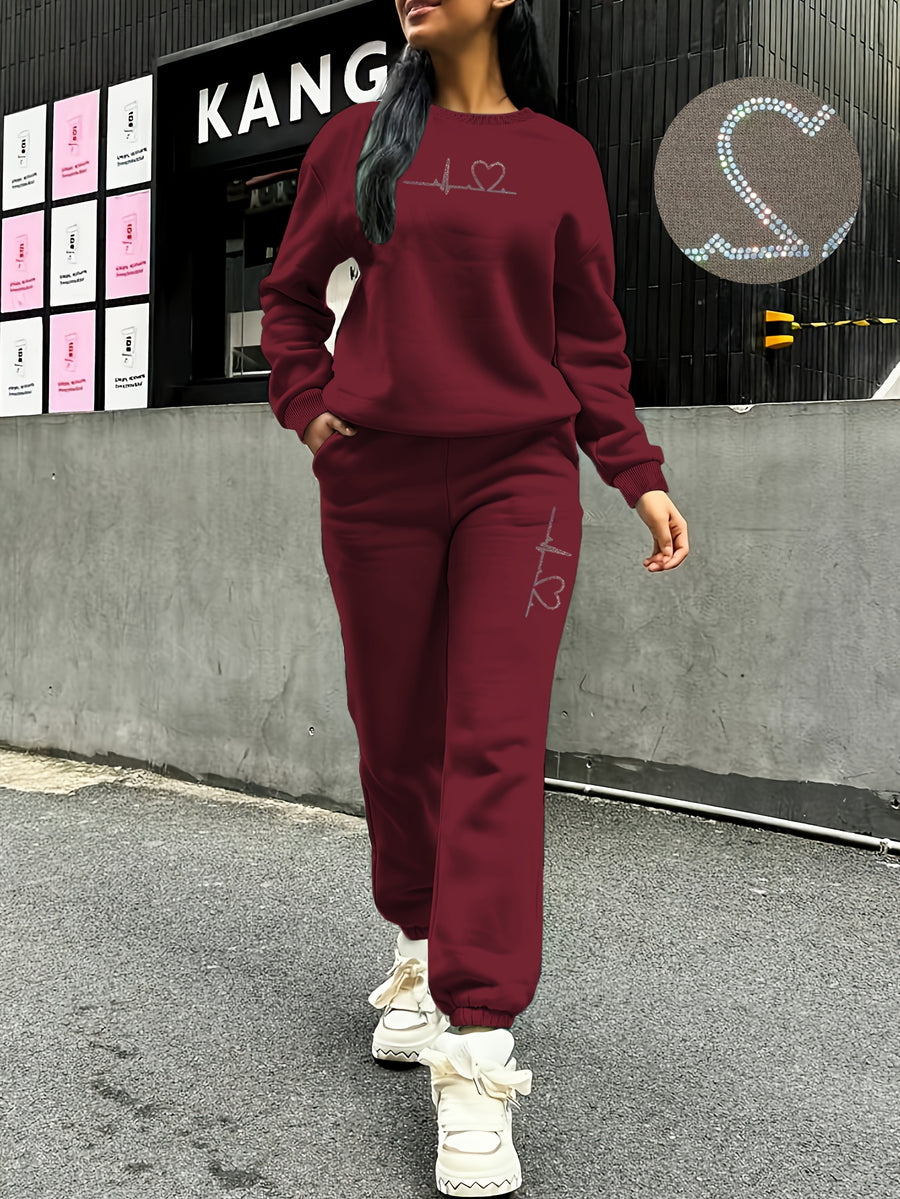 Women's 2pcs Fleece Sweatsuit - ECG Heart Print Warm Winter Tracksuit, Soft Polyester Matching Outfit with Pockets, Machine Washable & Outdoor Sweatsuits (Multiple Colors) for Fall/Winter, 2pcs set - Burgundy