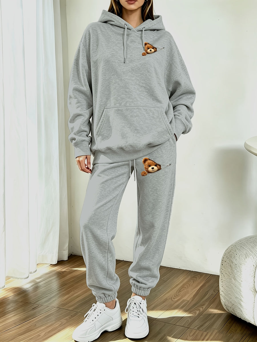 Autumn Winter Trendy Fashion Hooded Drawstring Sweatshirt And Joggers Women'S Set Zipper Bear Print Trendy Play Style Cold Weather Comfortable Outfit Classic Silhouette Comfortable Fit Casual Home Outing Two-Piece Set - Light Gray 1