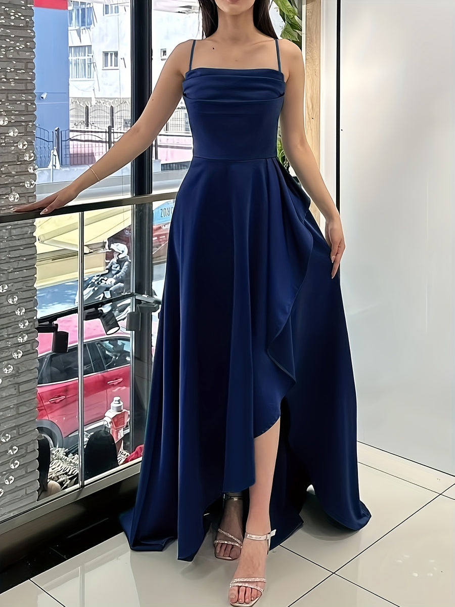 Elegant Women's Green Satin Spaghetti Strap Wrap Neckline Ruffle Hem Back Tie Slit Dress for Banquets, Parties, Weddings, and Bridesmaid Attire - Navy Color