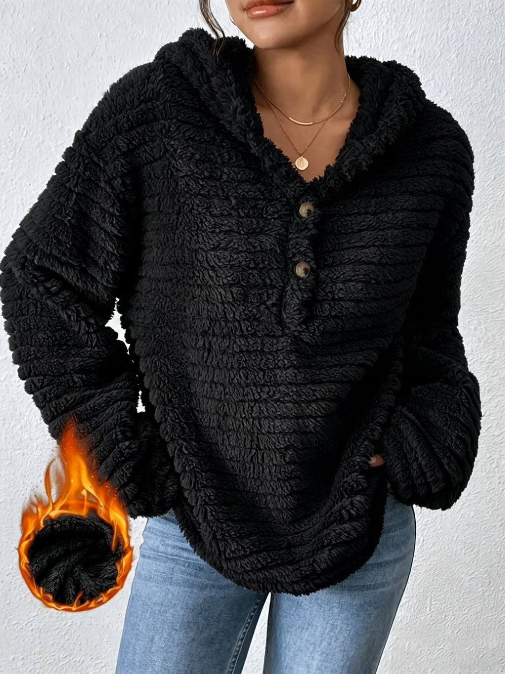 Women's Casual Hooded Plush Sweatshirt, New Autumn/Winter Collection, -Lined Warm Outerwear, Solid Color - Black