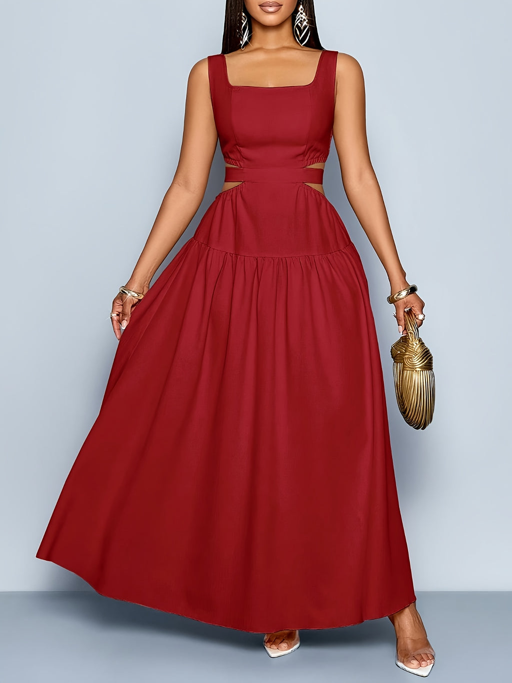 Women'S Elegant Square Neckline, Openwork Waist, Tie And Suspender Dress; Hawaiian Pleated Backless A-Line Skirt; Women'S Spring/Summer Dress; Elegant for Commuting, Casual Wear, Romantic Dates, Bridesmaid Dress - Burgundy