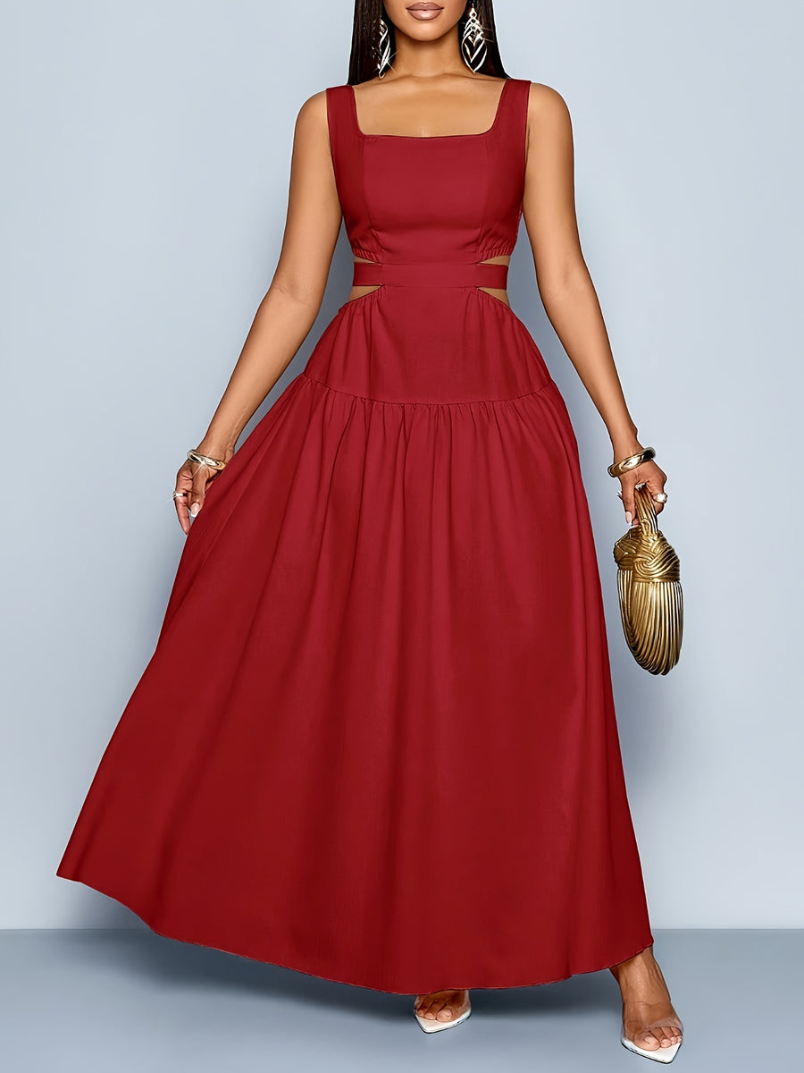 Women'S Elegant Square Neckline, Openwork Waist, Tie And Suspender Dress; Hawaiian Pleated Backless A-Line Skirt; Women'S Spring/Summer Dress; Elegant for Commuting, Casual Wear, Romantic Dates, Bridesmaid Dress - Burgundy
