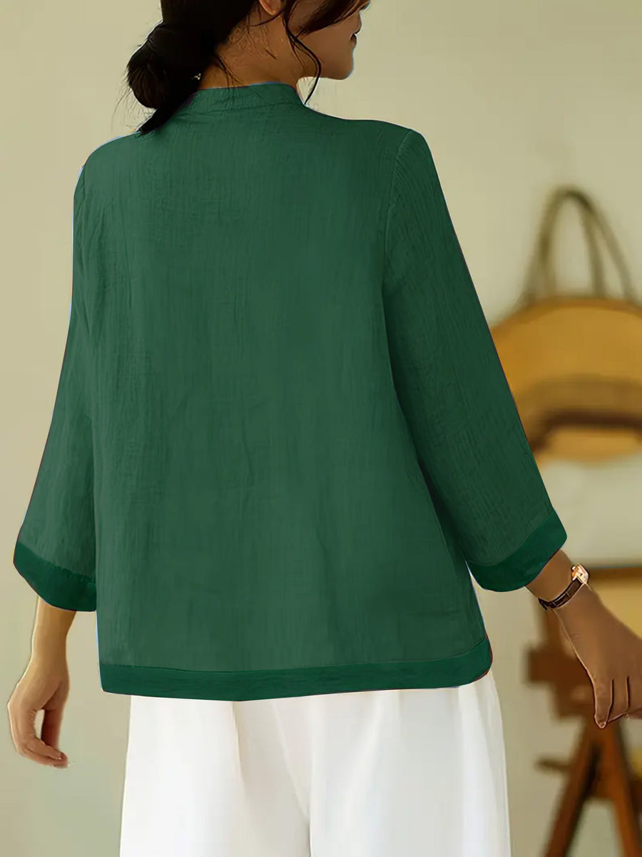 Fashionable Vintage-Style Chinese Shirt with a Stand Collar, Featuring Button Closures And Mesh Panels, Designed for a Loose And Comfortable Fit for Women - Green