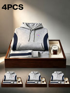 4pcs 2026 Autumn/Winter Men's Streetwear Casual Pullover Hoodie with Contrast Color Lines, Diagonal Cut, Long Sleeves, Skin-Friendly, Warm, Drawstring, Large Pocket Sweatshirt - Gray+grey+grey+grey