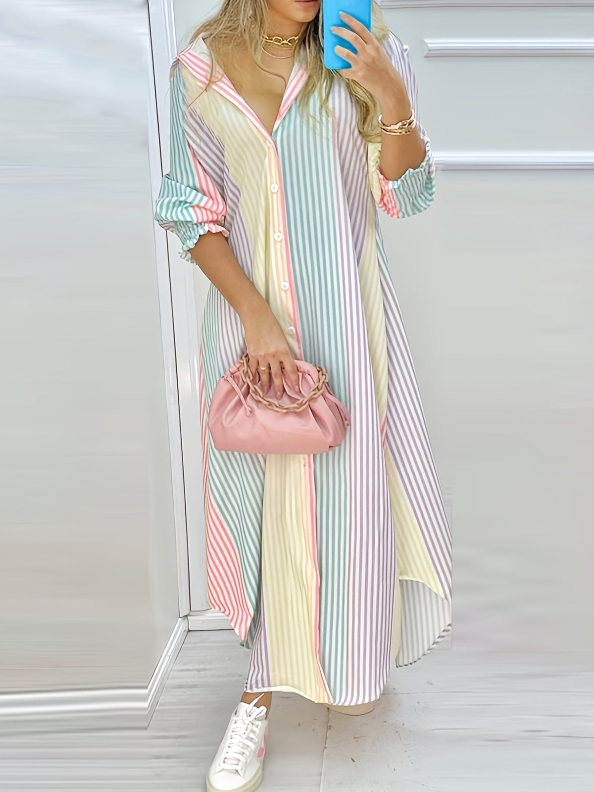 Color Block Striped Shirt Dress, Casual Long Sleeve Button Down Ankle Dress, Women's Clothing - Multicolor
