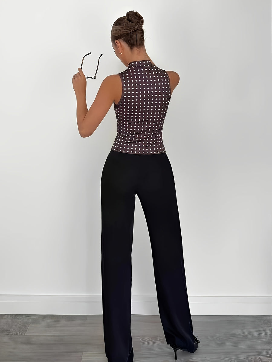 Spring/Summer Women's Halter Neck Slim Fit Off-Shoulder Elegant Metal Buckle Sleeveless Top, Halter Neck Fashion Vest Top - Purple Polka Dots