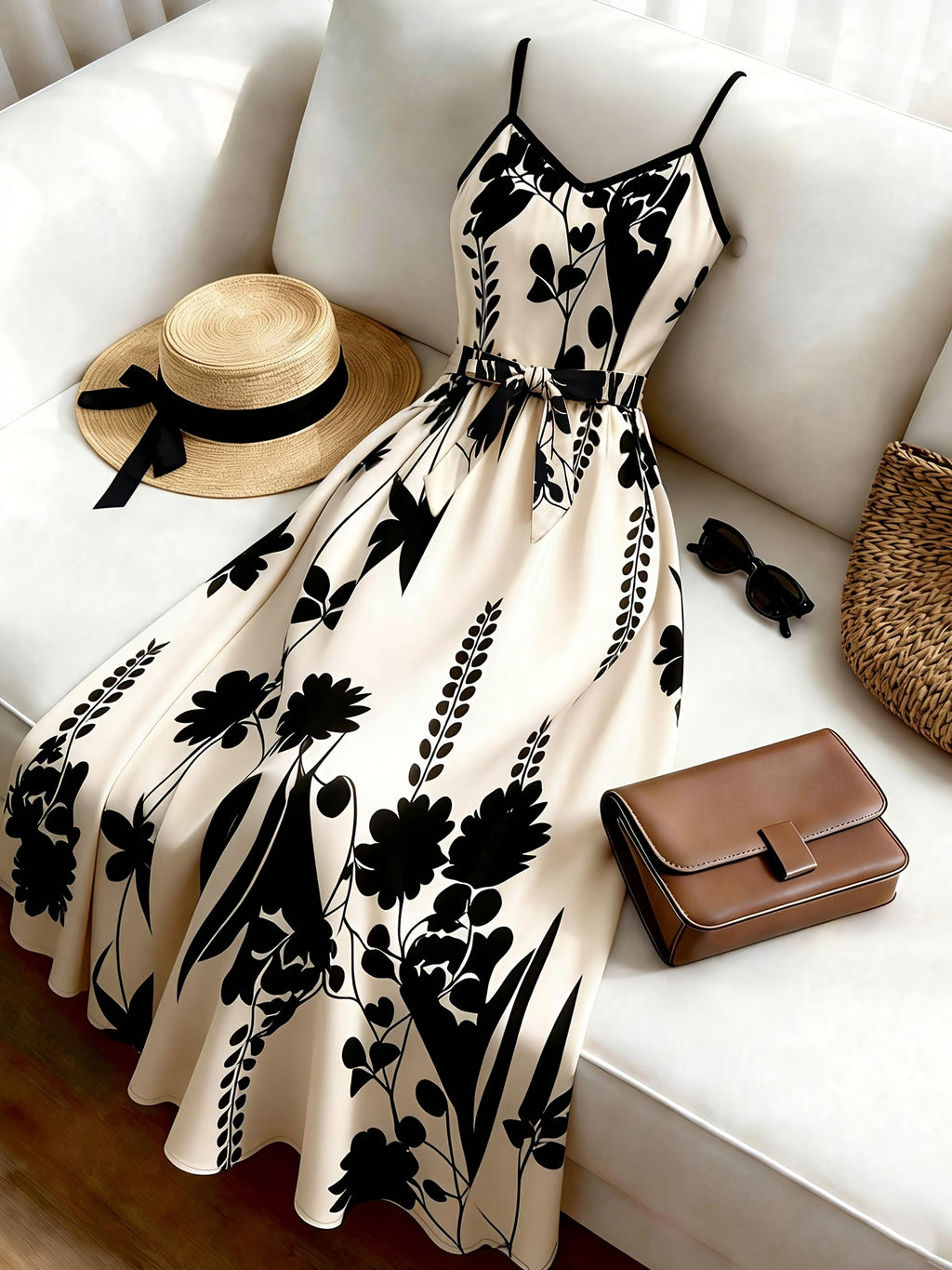 Summer Print V-Neck Camisole Dress, Vintage Botanical Print Camisole Dress, Simple Color Block Dress, Versatile Commuter Long Camisole Dress, Elegant Print Dress, Gentle Summer Date Dress, Daily Commuter Dress WJ2667 - Apricot