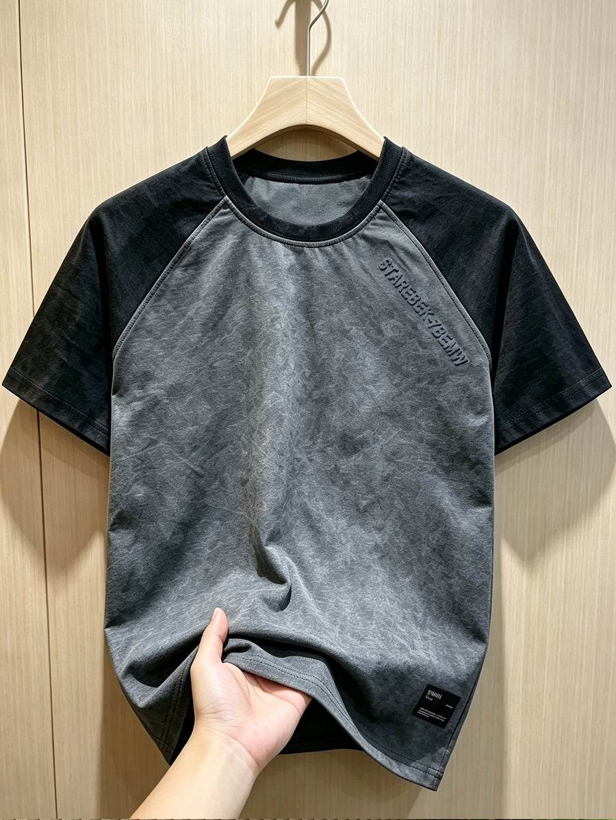Men's Casual T-Shirt In Stock, Men's Summer Simple Versatile Round Neck Trendy Brand Light Luxury Men's T-Shirt Short Sleeve Spliced Shoulder Youth Fashion Top - Dark Gray