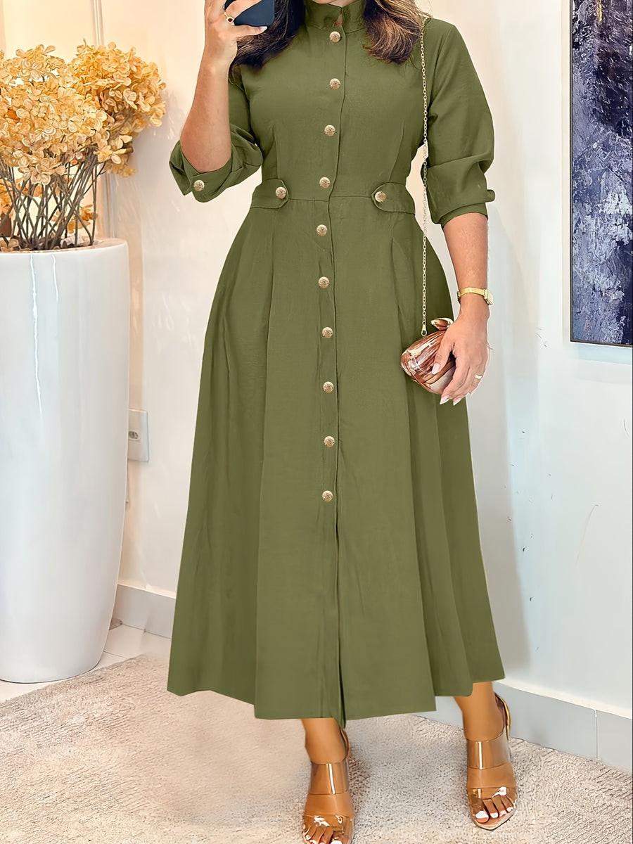 Fashion Women'S Classic Stand-Up Collar Single-Breasted Dress Elegant Ruffled Patchwork Long-Sleeved Dress Long Spring And Autumn 12010 - fern green