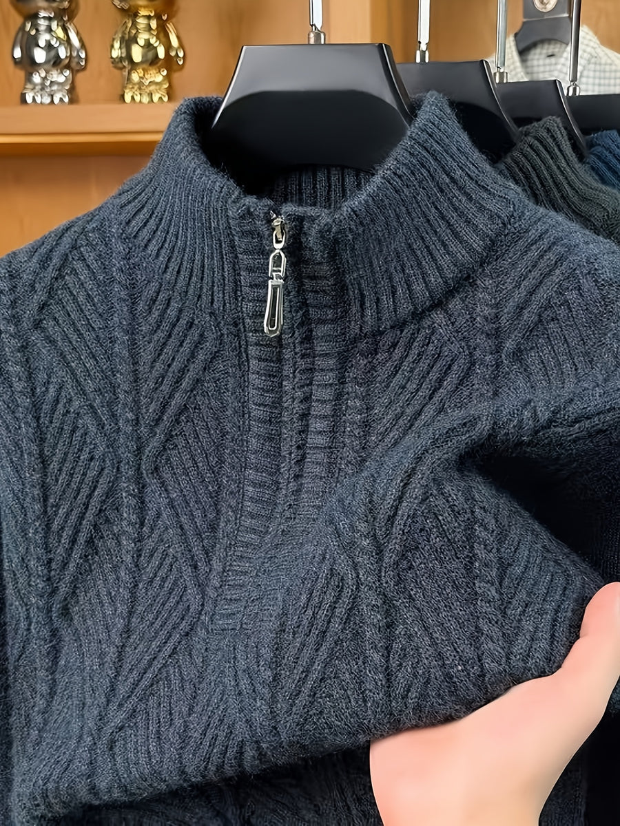 Men's Autumn/Winter Half-Turtleneck Zipper Sweater, Business Casual Pullover Base Layer Top - Lake Blue