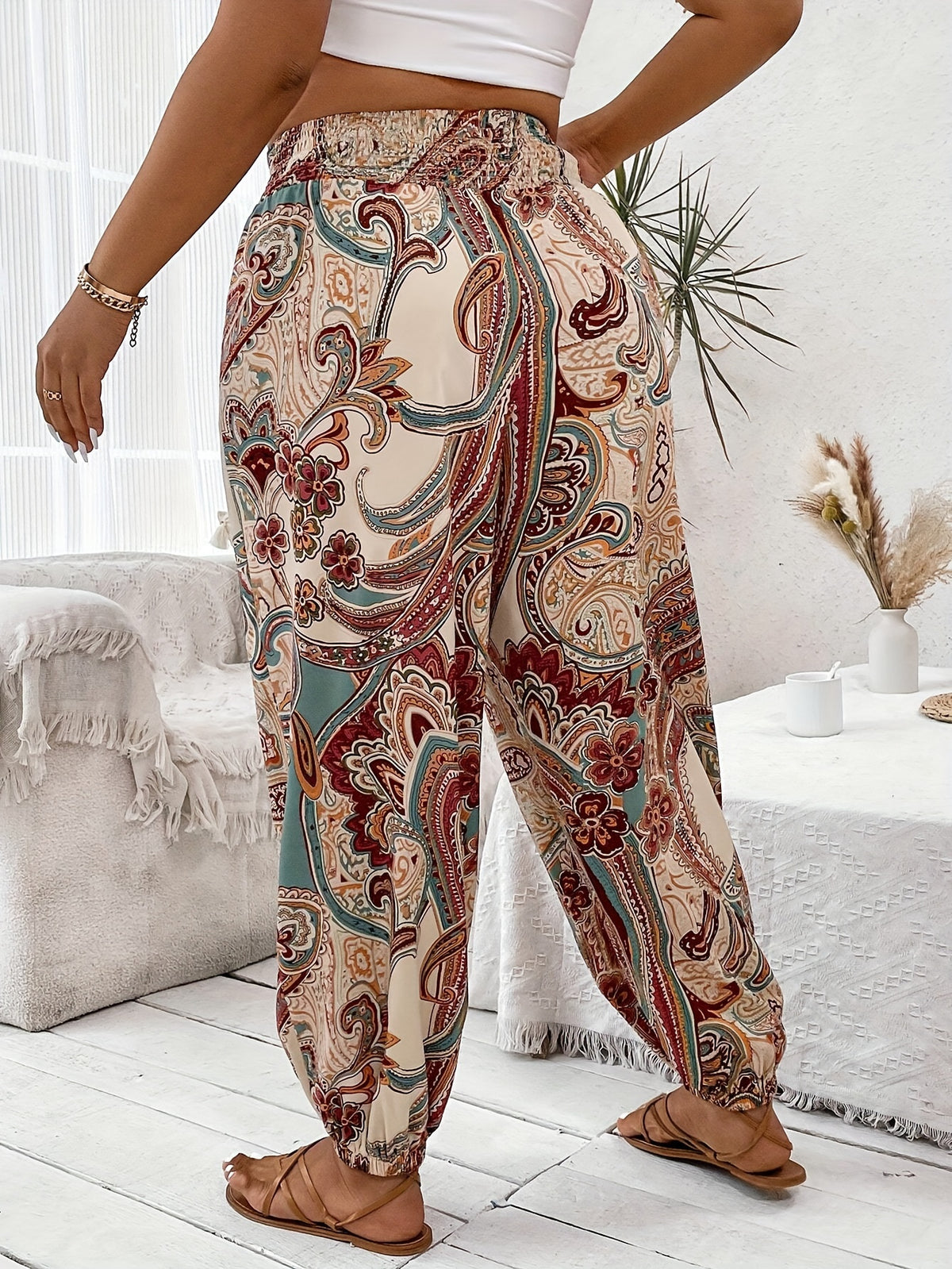 Vacation Full Body Printed High-Waist Elastic Waist Fashion Long Pants - Multicolor