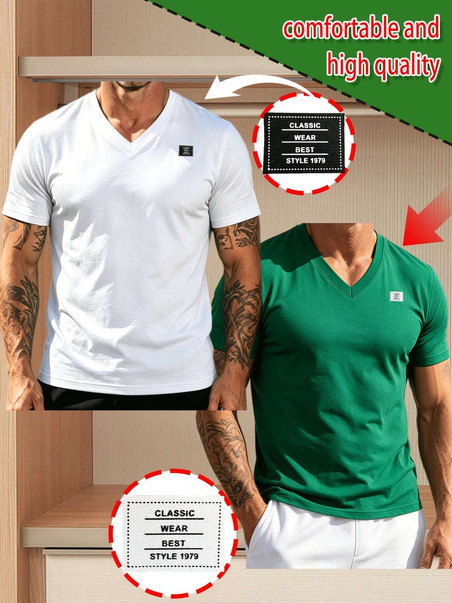 2pcs 100%, Men'S Knitted Solid V-Neck T-Shirt, Men'S T-Shirt New Chapter Design, Summer Global All-Season Base Layer Factory Made Men Comfortable High Quality High Fit Rate Casual Sports Top - White+Green
