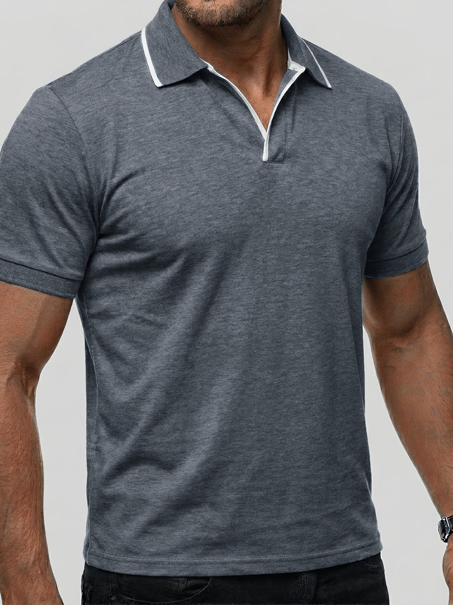Summer Men'S Short Sleeve T-Shirt, Men'S Business Shirt, Round Neck Lapel Contrast Men'S T-Shirt, Casual Party, Suitable for Various Styles, Travel, Golf, Daily, Suburban Tourism, Family Travel, Parent-Teacher Meeting, Casual Short Sleeve Top, Knit - Grey