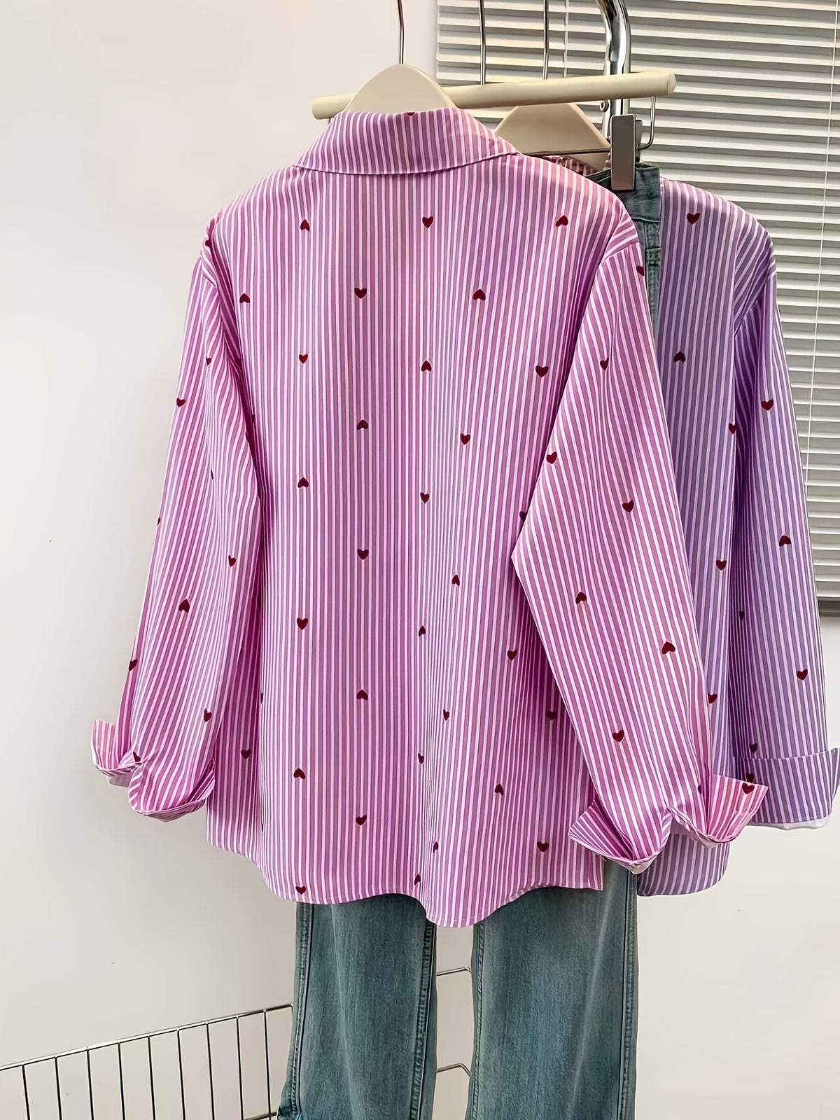 Women'S Heart Print Polo Collar Striped Shirt - Casual Collared Long Sleeve Blouse, Perfect for Spring Summer Fall Casual Wear - Pink