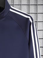 [Pearson OBM] Men'S Spring Autumn Casual Easy All-Match Outdoor Sports Jacket, Small Stand Collar Solid Color with Three Stripes, Side Seam Zipper Pockets, Elastic Cuffs And Hem Design, Full Zip Closure Coat, Suitable for Vacation, Sports - Navy Color