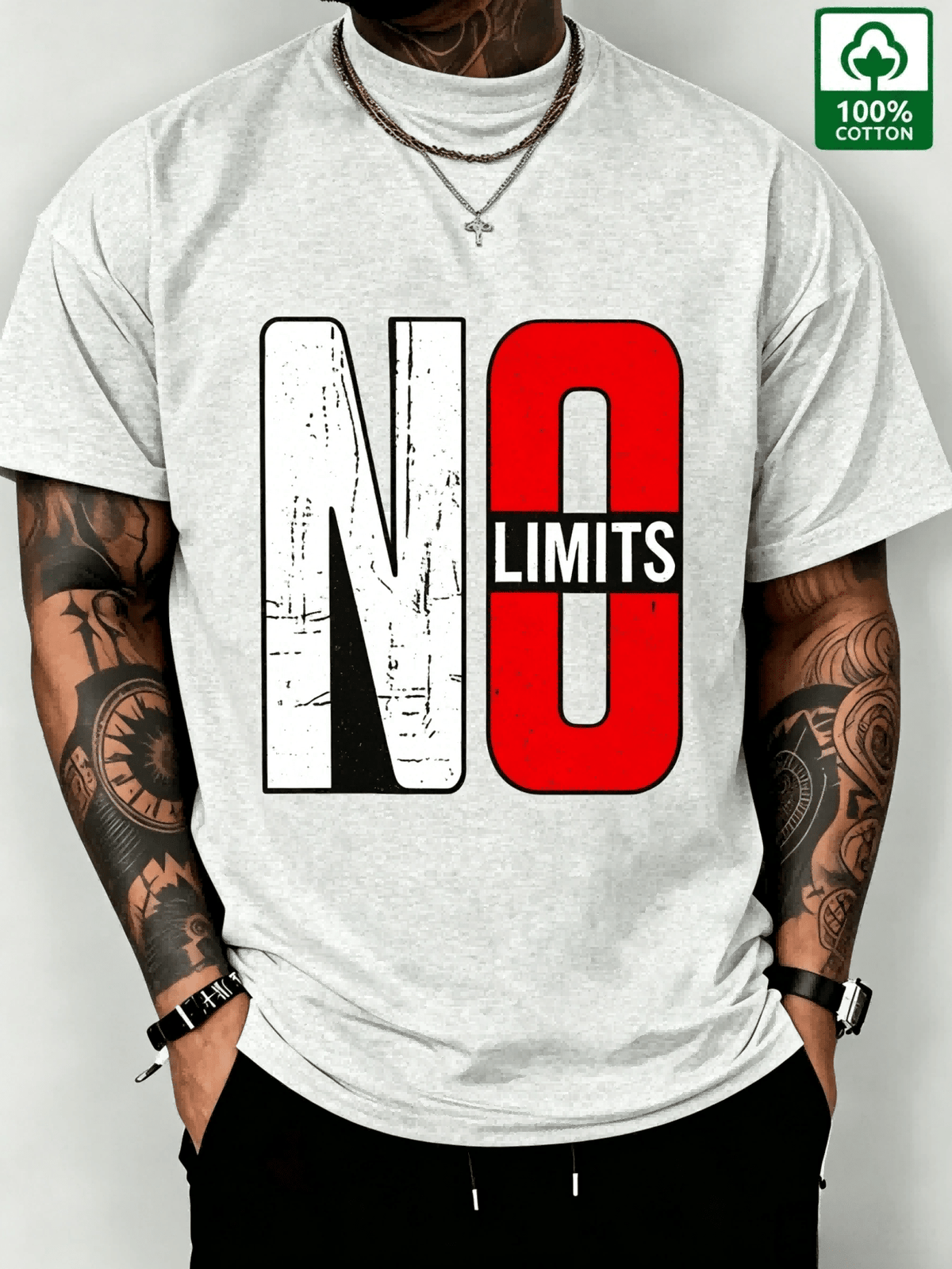 NO LIMITS Personalized Letter Print Unisex Short Sleeve, Made of 210G High-Quality Pure Fabric, Soft And Skin-Friendly Breathable, Dyes Keep Colors Fresh for a Long Time. Classic Trendy Brand Style Design Combined with Distressed Worn-Out Print - Light Grey