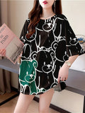 Summer New Large Size Loose Fashion Trend Slim Cartoon Round Neck Print Ladies Women'S Medium And Long Short-Sleeved T-Shirt Clothes - K176-B