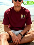 Men'S 100% T-Shirt, "Salt Water" Vintage Surfboard Front And Back Print Design, Casual Trendy Street Sport Short Sleeve T-Shirt Summer New Style, Round Neck Short Sleeve Summer Top, Casual Street Style, Suitable for Summer Daily Outdoor Wear - Burgundy