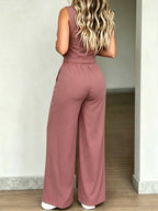 YYTT Women'S New Elegant Solid Color Shirt with Collar And Single-Breasted Button Design Top And Wide-Leg Pocket Design Long Pants Two-Piece Set, Suitable for Summer Outdoor Casual And Other Occasions - Light Brown-1